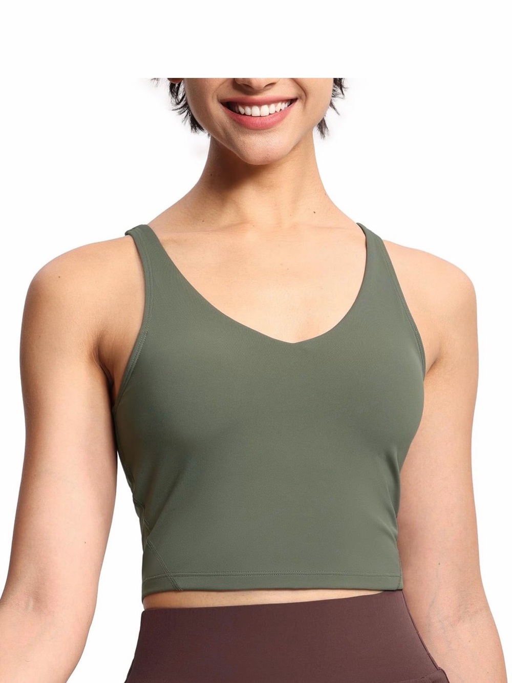 Women's Olive Green V-Neck Active Crop Sports Bra